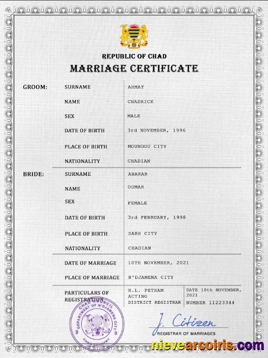 Chad marriage certificate